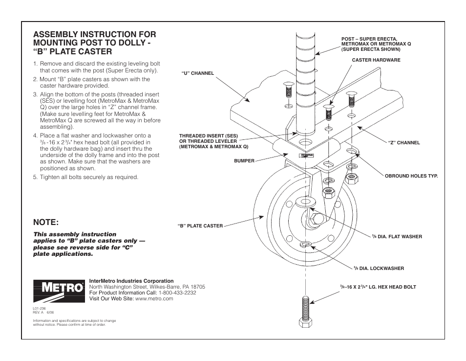 Metro Mounting Post to Dolly - “B” PLATE CASTER User Manual | 2 pages