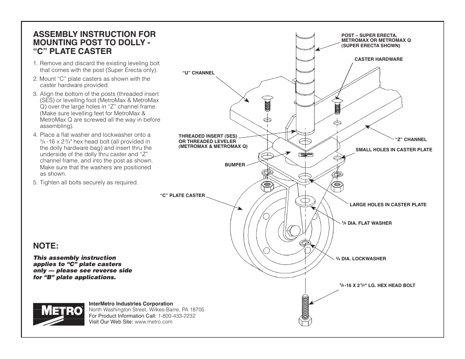 Metro Mounting Post to Dolly - “B” PLATE CASTER User Manual | Page 2 / 2