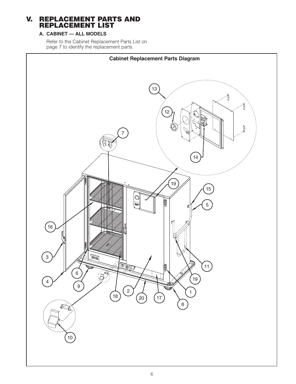 V. replacement parts and replacement list | Metro MBQ Heated Banquet Cabinet User Manual | Page 7 / 16