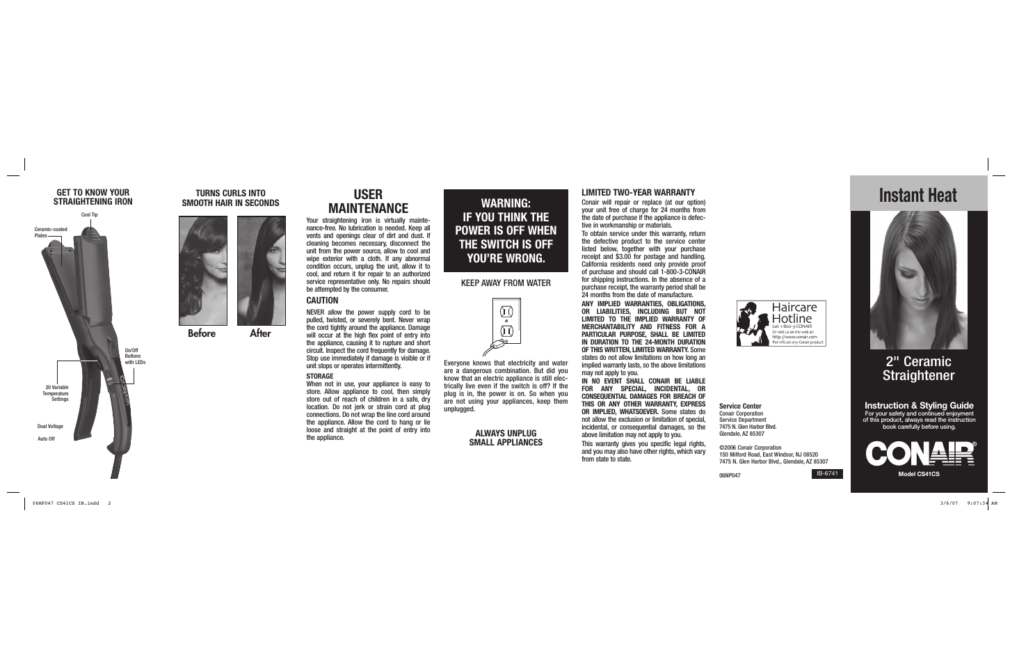 Instant heat, User maintenance, 2" ceramic straightener | Before after | Conair CS41CS User Manual | Page 2 / 2
