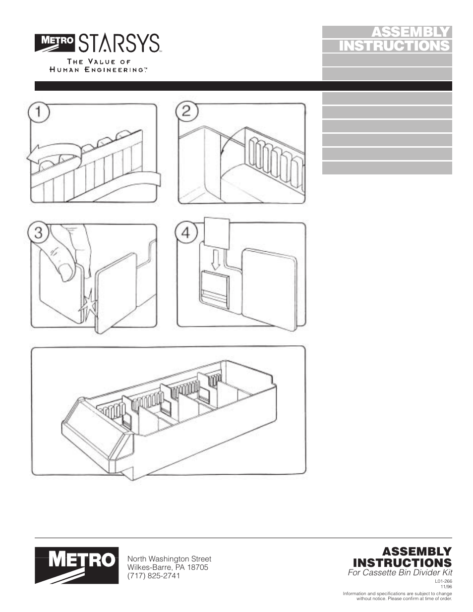 Metro Starsys Cassette Bin Divider Kit User Manual | 1 page