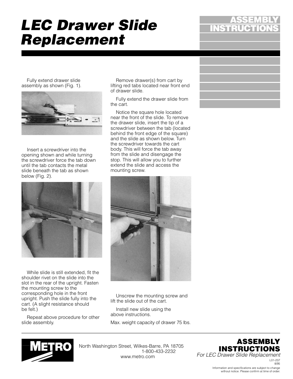 Metro LEC Drawer Slide Replacement User Manual | 1 page