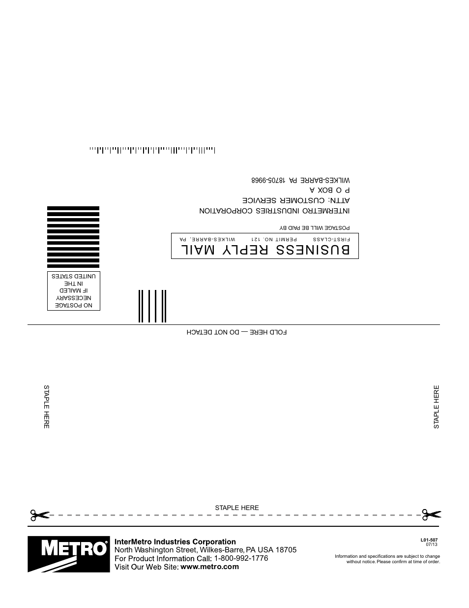 Bu sin es s r ep ly m ail | Metro U-SERIES hot AND COLD food holding cabinets User Manual | Page 8 / 8