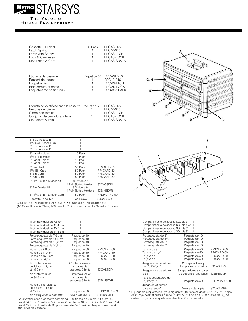 Untitled, Cassette body, Armature de la cassette | Cuerpo de la cassette, Cassette bins, Tiroirs, Compartimientos del cassette | Metro Starsys Cassette User Manual | Page 3 / 4