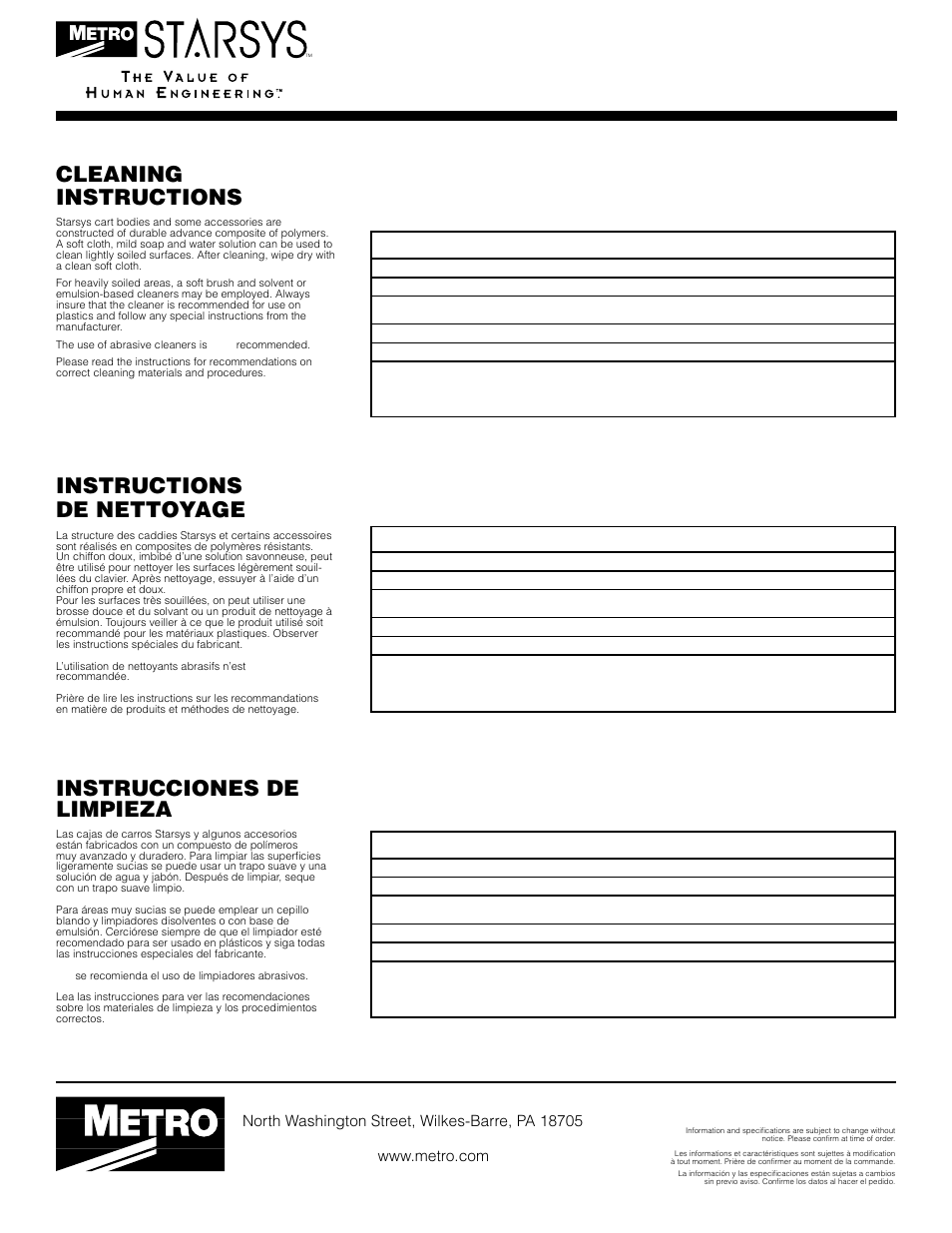 Cleaning instructions, Instrucciones de limpieza, Instructions de nettoyage | Recommended types of cleaning products, Types de produits de nettoyage recommandes, Tipos de productos de limpieza recomendados | Metro Starsys Cassette User Manual | Page 4 / 4