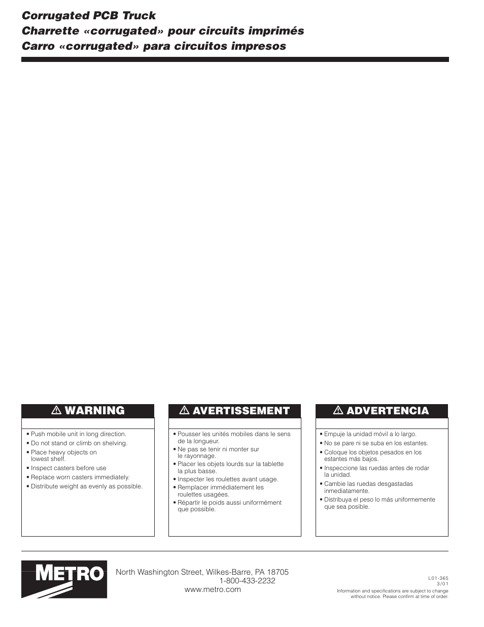 Ƽ warning, Avertissement, Advertencia | Metro Corrugated PCB Truck User Manual | Page 4 / 4