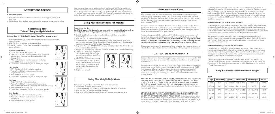 Facts you should know, Limited ten year warranty, Using your thinner | Body fat monitor, Using the weight-only mode, Instructions for use, Customizing your thinner, Body analysis monitor, Body fat levels – recommended ranges | Conair THINNER TH404 User Manual | Page 2 / 2