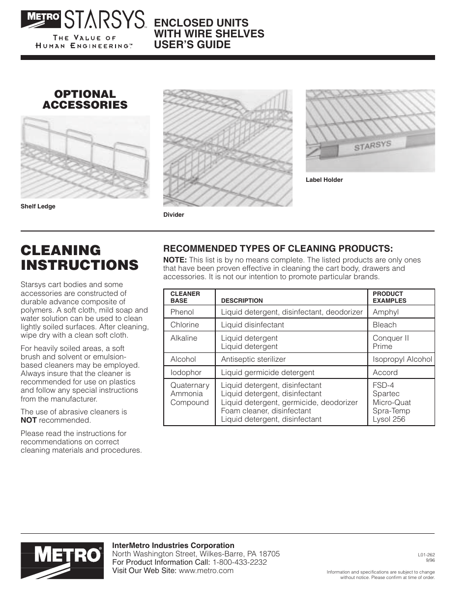 Cleaning instructions, Enclosed units with wire shelves user’s guide, Optional accessories | Recommended types of cleaning products | Metro Starsys ENCLOSED UNITS WITH WIRE SHELVES User Manual | Page 4 / 4