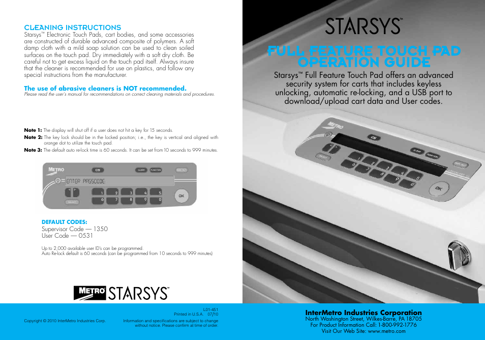 Metro Starsys Full Feature Touch Pad (LA6) User Manual | 2 pages