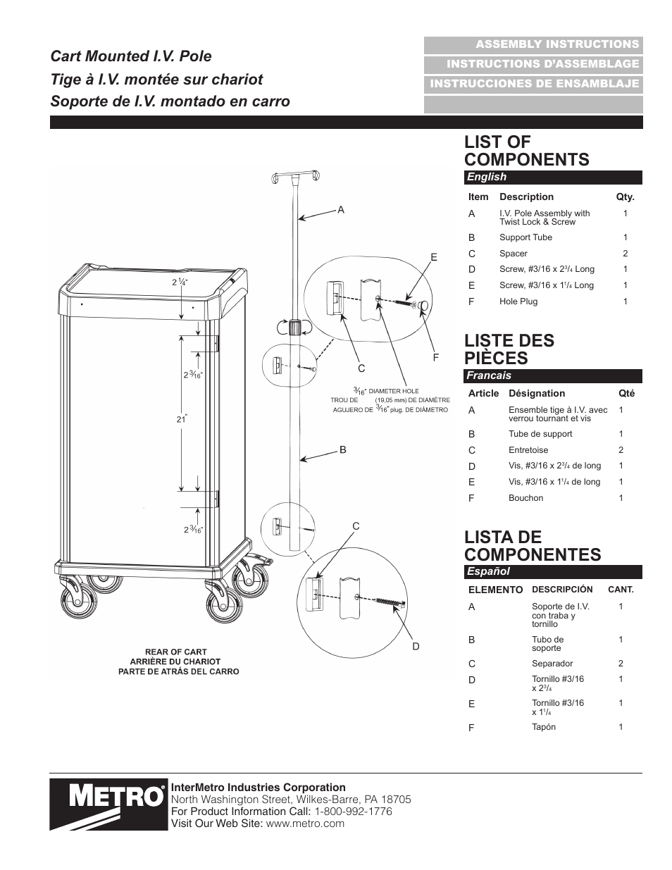 Metro Cart Mounted IV Pole User Manual | 2 pages