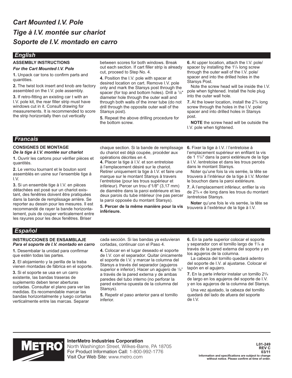 English, Francais, Español | Metro Cart Mounted IV Pole User Manual | Page 2 / 2