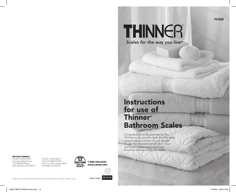 Conair THINNER TH328 User Manual | 2 pages