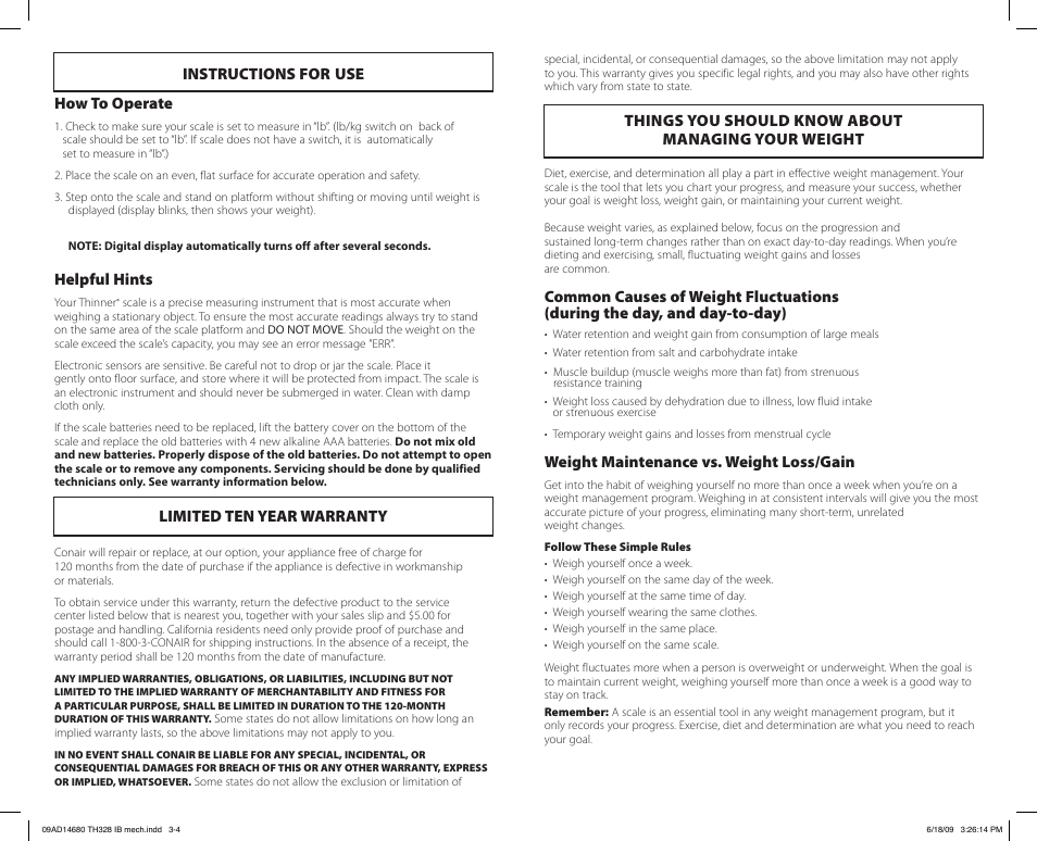 Instructions for use how to operate, Helpful hints, Limited ten year warranty | Things you should know about managing your weight, Weight maintenance vs. weight loss/gain | Conair THINNER TH328 User Manual | Page 2 / 2