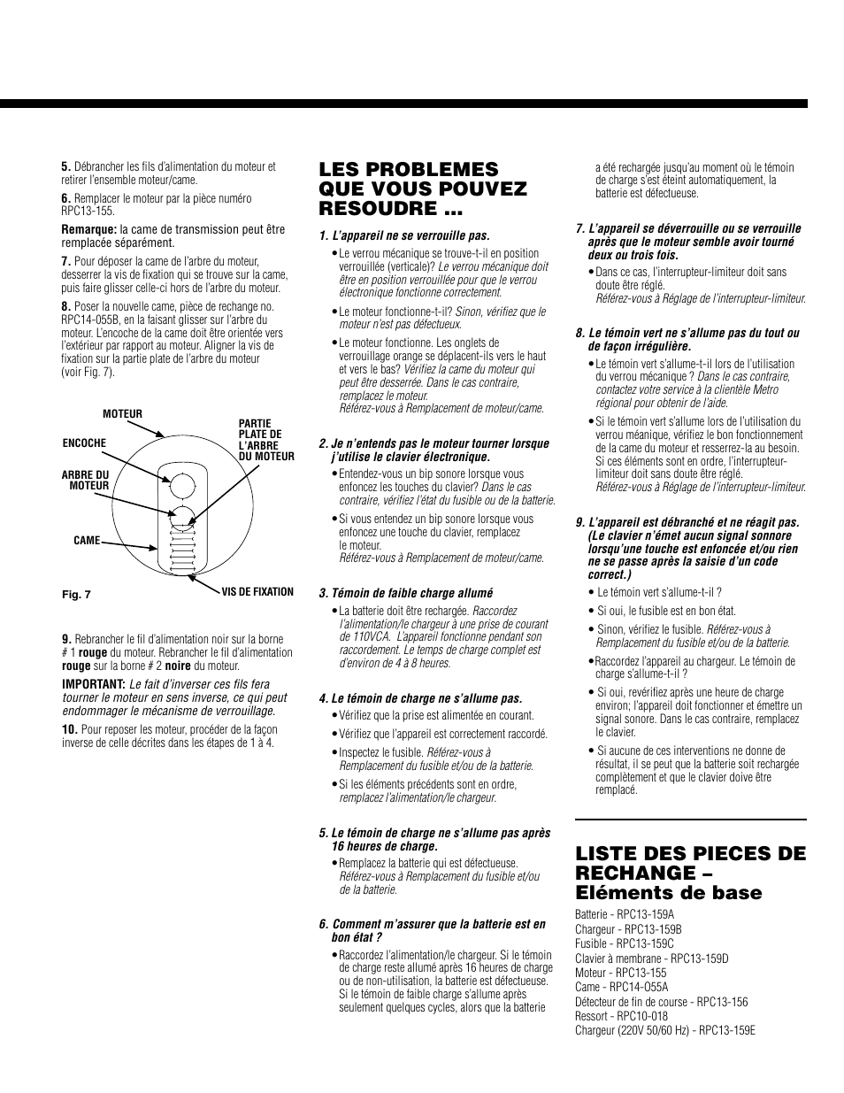 Les problemes que vous pouvez resoudre, Liste des pieces de rechange – eléments de base | Metro Basic Entry Touchpad User Manual | Page 11 / 12