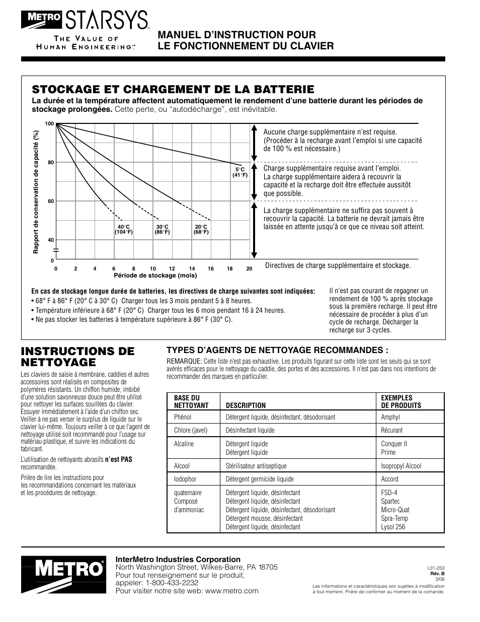 Instructions de nettoyage, Stockage et chargement de la batterie, Types d’agents de nettoyage recommandes | Metro Basic Entry Touchpad User Manual | Page 12 / 12