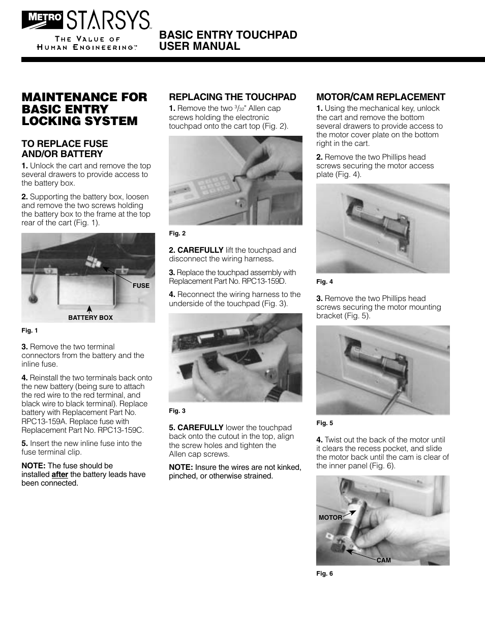 Maintenance for basic entry locking system, Basic entry touchpad user manual, Replacing the touchpad | Motor, Cam replacement | Metro Basic Entry Touchpad User Manual | Page 2 / 12