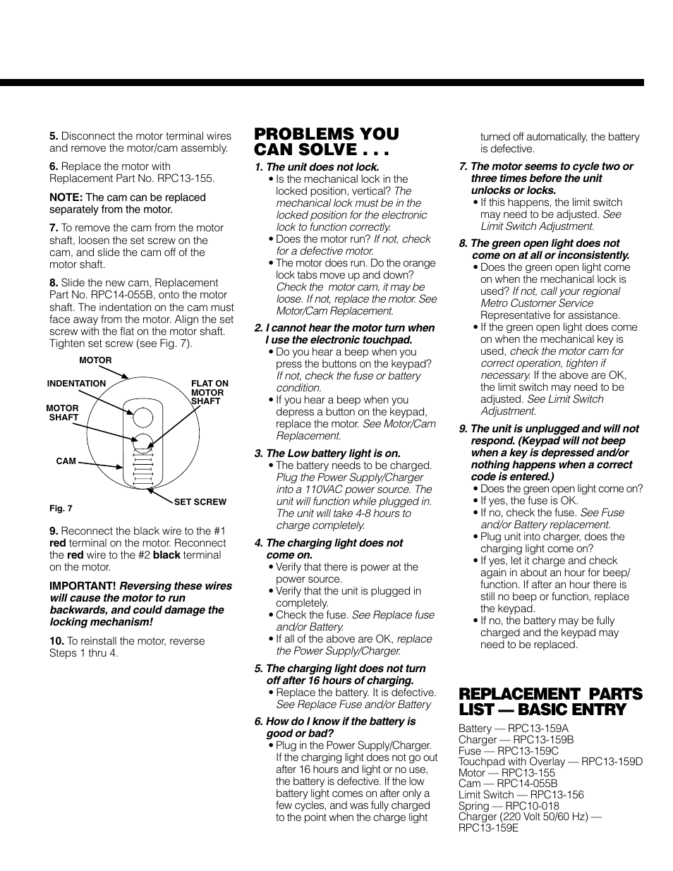 Problems you can solve, Replacement parts list — basic entry | Metro Basic Entry Touchpad User Manual | Page 3 / 12