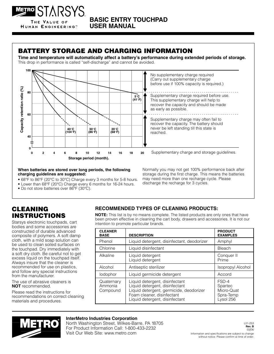 Basic entry touchpad user manual, Cleaning instructions, Battery storage and charging information | Recommended types of cleaning products | Metro Basic Entry Touchpad User Manual | Page 4 / 12