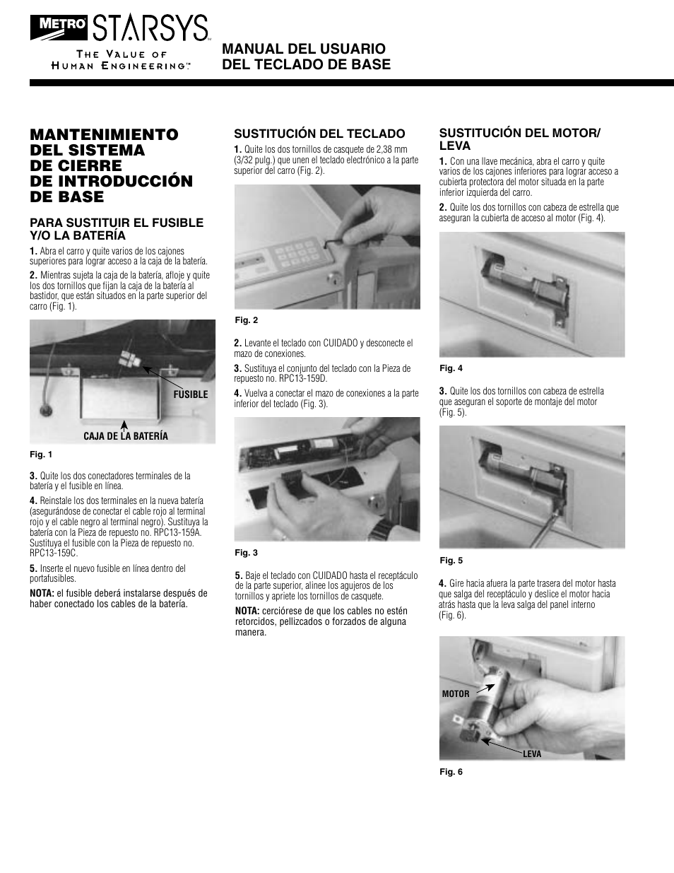 Manual del usuario del teclado de base, Sustitución del motor/ leva, Para sustituir el fusible y/o la batería | Sustitución del teclado | Metro Basic Entry Touchpad User Manual | Page 6 / 12