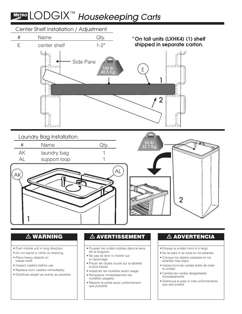 Lodgix, Housekeeping, Carts | Ƽ warning | Metro Lodgix Housekeeping Carts User Manual | Page 4 / 4