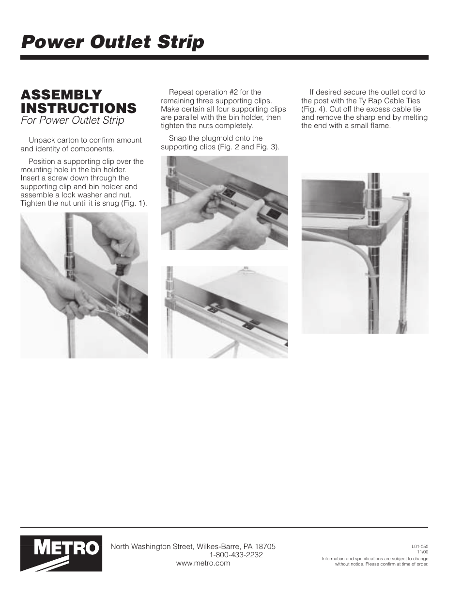 Power outlet strip, Assembly instructions, For power outlet strip | Metro Power Outlet Strip User Manual | Page 2 / 2