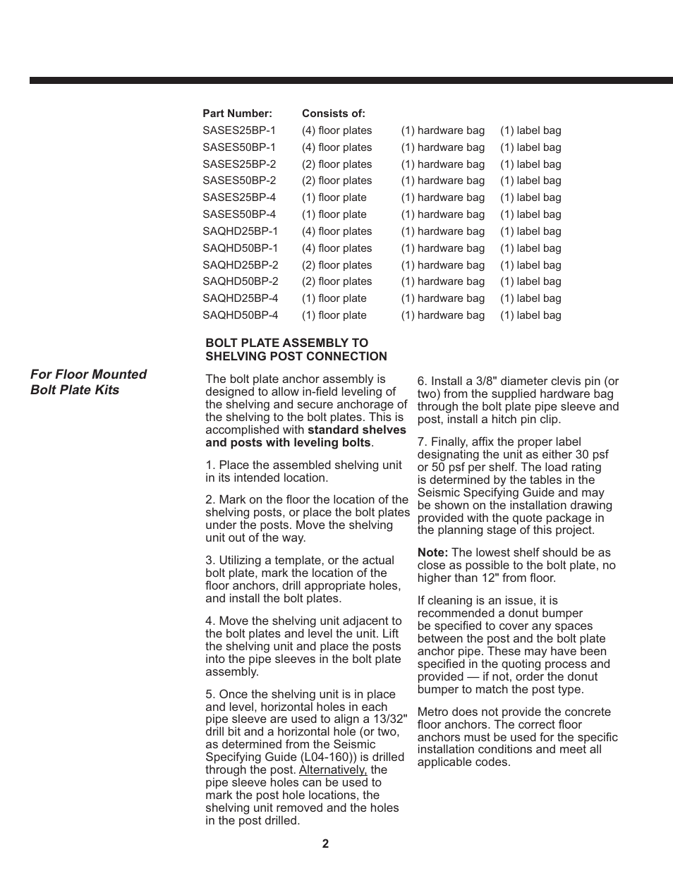 Seismic bolt plate kits | Metro Seismic, Floor Plates User Manual | Page 2 / 4