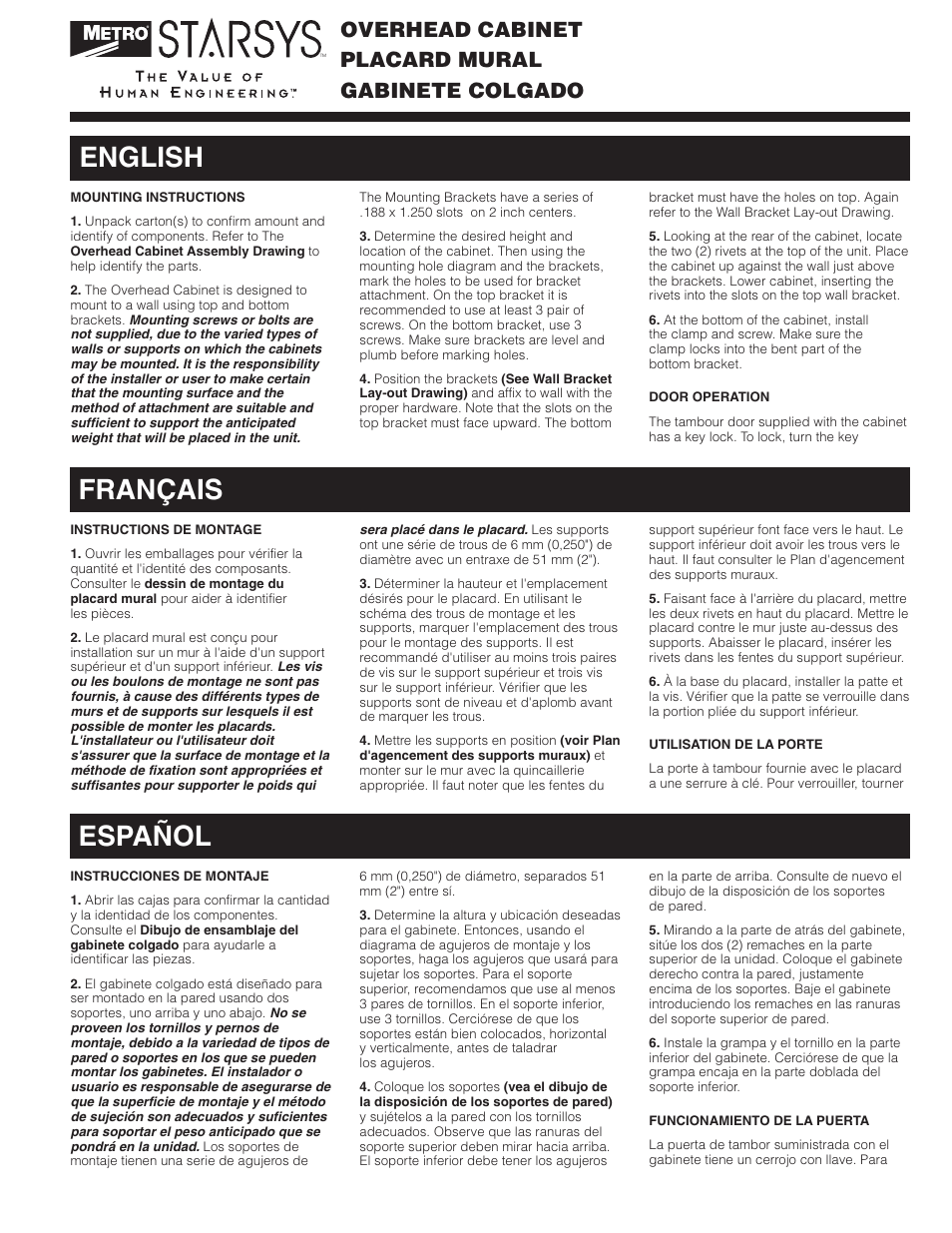 English français español, Gabinete colgado overhead cabinet placard mural | Metro Starsys Overhead Cabinet User Manual | Page 2 / 6