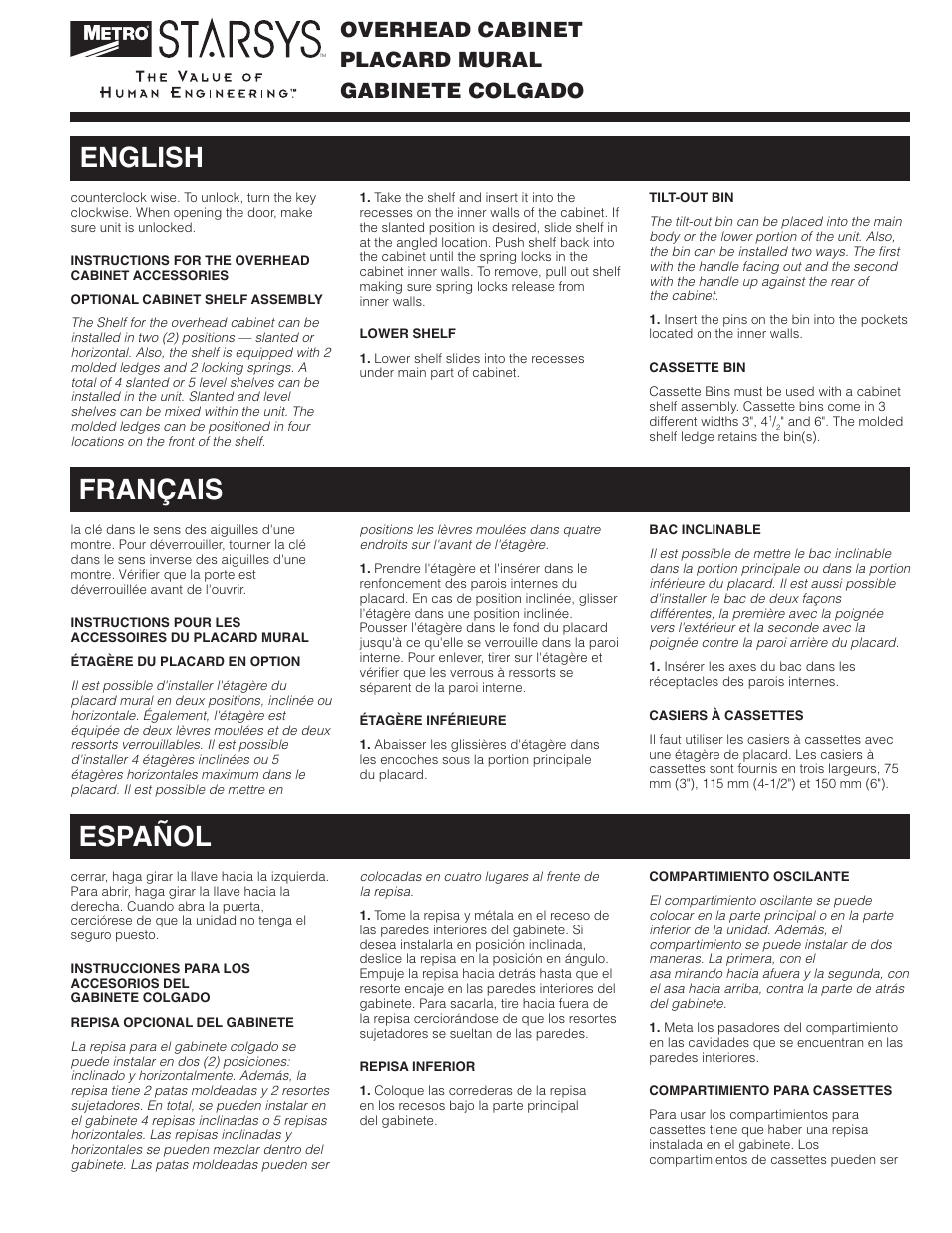 English français español, Gabinete colgado overhead cabinet placard mural | Metro Starsys Overhead Cabinet User Manual | Page 3 / 6