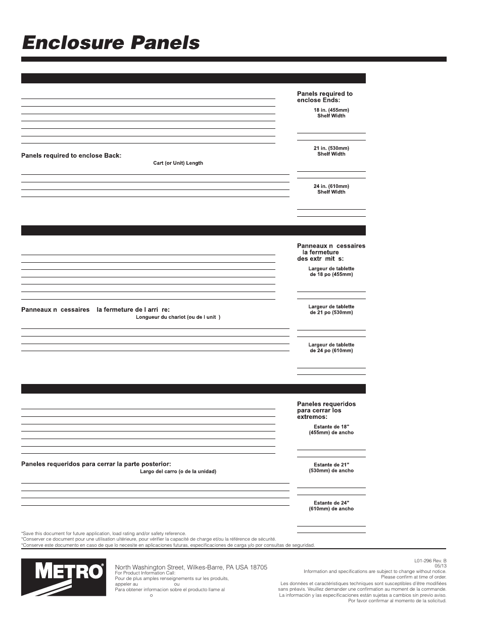 Enclosure panels, Informacion para hacer pedidos, Informations pour la passation de commandes | Ordering information | Metro Enclosure Panels User Manual | Page 4 / 4