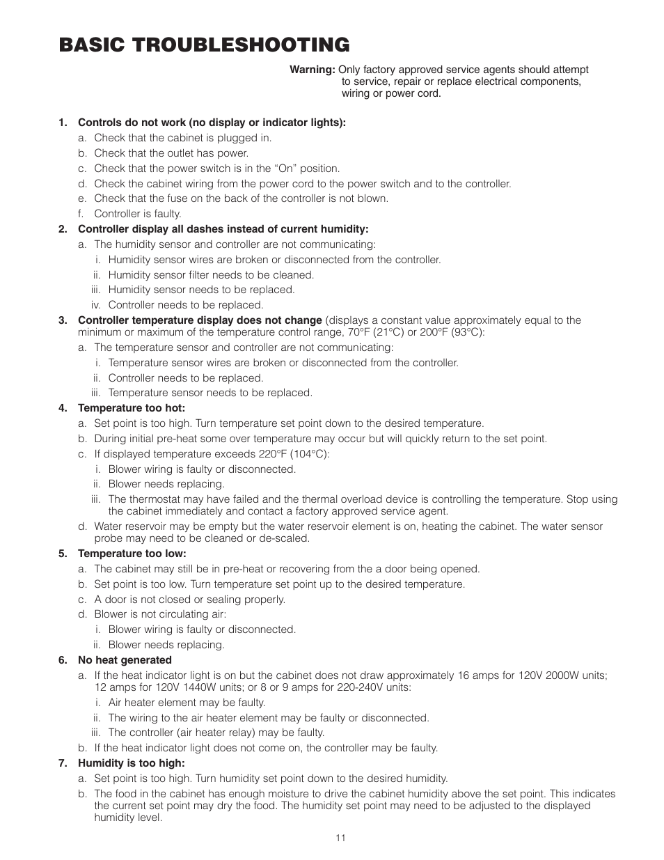 Basic troubleshooting | Metro 9 Series Controlled Humidity Heated Holding & Proofing Cabinets User Manual | Page 13 / 24
