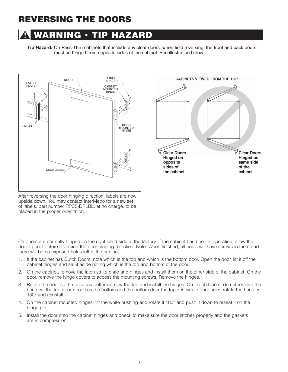Reversing the doors, Warning, Tip hazard | Metro 9 Series Controlled Humidity Heated Holding & Proofing Cabinets User Manual | Page 8 / 24