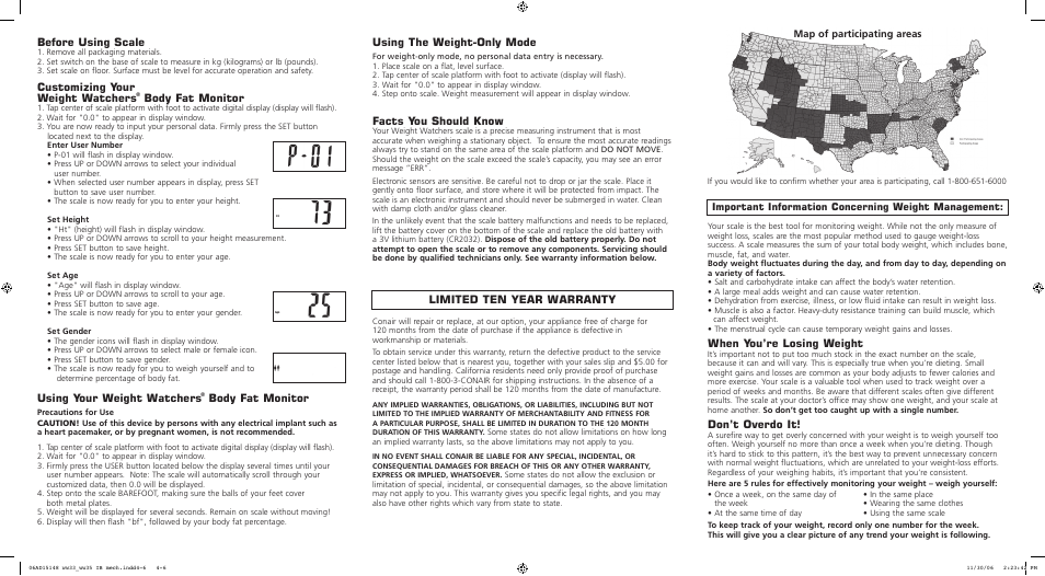 When you’re losing weight, Don’t overdo it, Using the weight-only mode | Facts you should know, Limited ten year warranty, Before using scale, Customizing your weight watchers, Body fat monitor, Using your weight watchers | Conair WW33D User Manual | Page 2 / 2