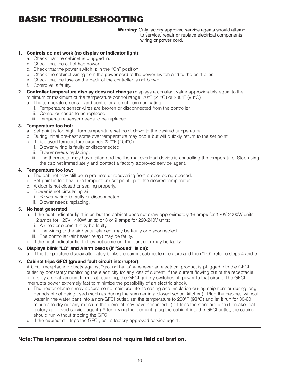 Basic troubleshooting | Metro С5 8 Series Controlled Temperature Heated Holding Cabinets User Manual | Page 12 / 20