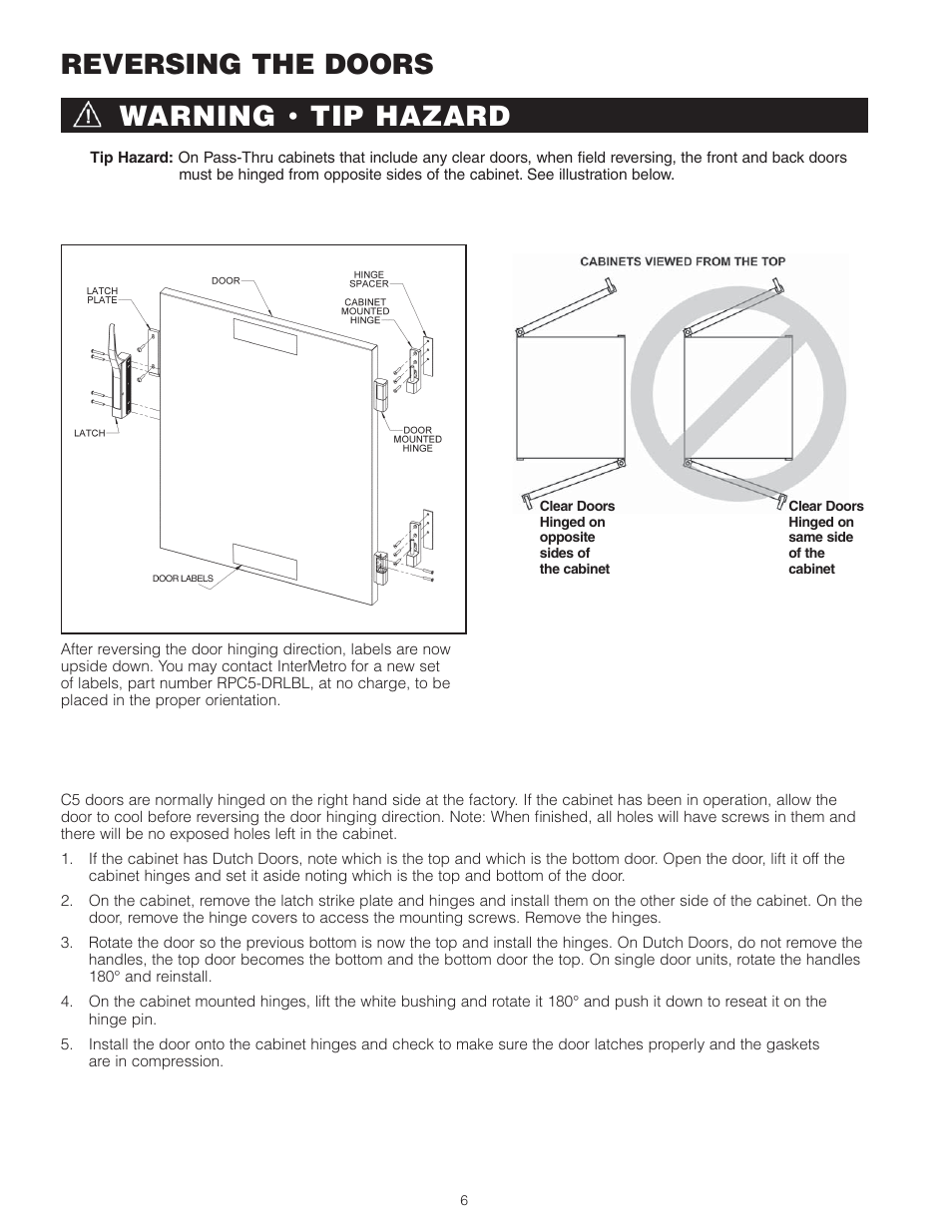 Reversing the doors, Warning, Tip hazard | Metro С5 8 Series Controlled Temperature Heated Holding Cabinets User Manual | Page 8 / 20