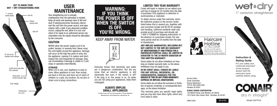 User maintenance, Keep away from water, Dry n | Straight | Conair CS27FCS User Manual | Page 2 / 2