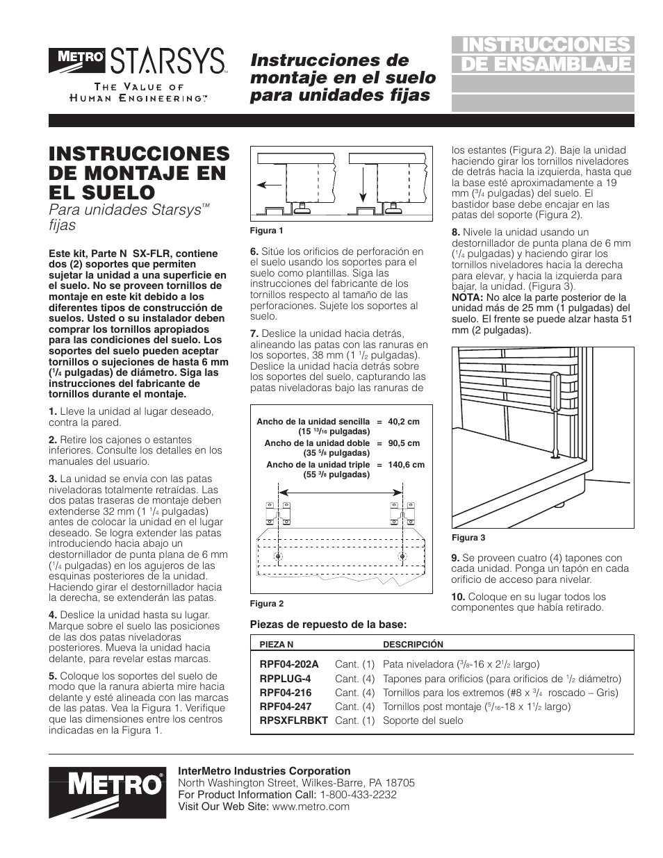 De ensamblaje instrucciones, Instrucciones de montaje en el suelo, Para unidades starsys | Fijas | Metro Floor Mounting for Stationary Units User Manual | Page 3 / 4