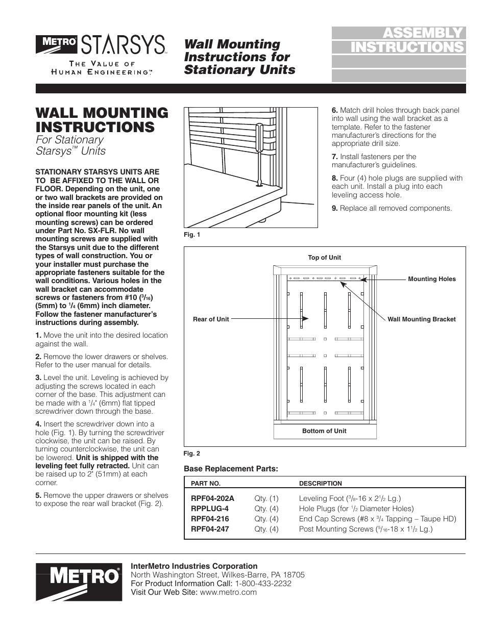 Metro Wall Mounting for Stationary Units User Manual | 4 pages