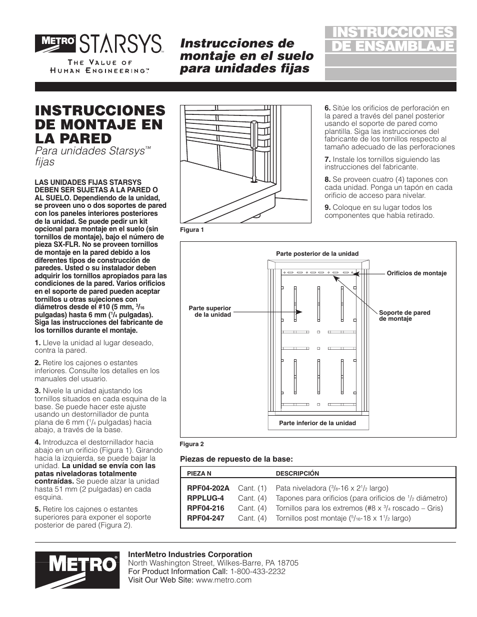 De ensamblaje instrucciones, Instrucciones de montaje en la pared, Para unidades starsys | Fijas | Metro Wall Mounting for Stationary Units User Manual | Page 3 / 4