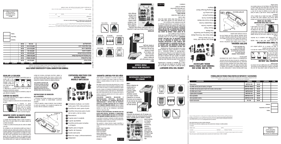 Igualar la quijada, Cortar su bigote, Siempre corte su bigote desde arriba hasta abajo | Lim ite d t wo yea r w arr ant y, Exc iti ng new item s from cona ir, Novedades fascinantes de conair, Ble ndi ng the ja wli ne, Bat ter y r em ova l, Garantía limitada por dos años | Conair GMT235CSV User Manual | Page 2 / 2