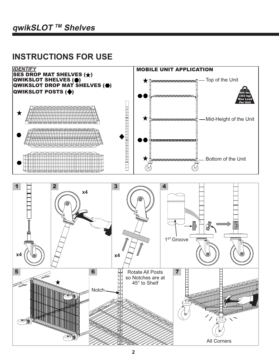 Instructions for use, Qwikslot, Shelves | Metro qwikSLOT Drop Mat Shelving User Manual | Page 2 / 4