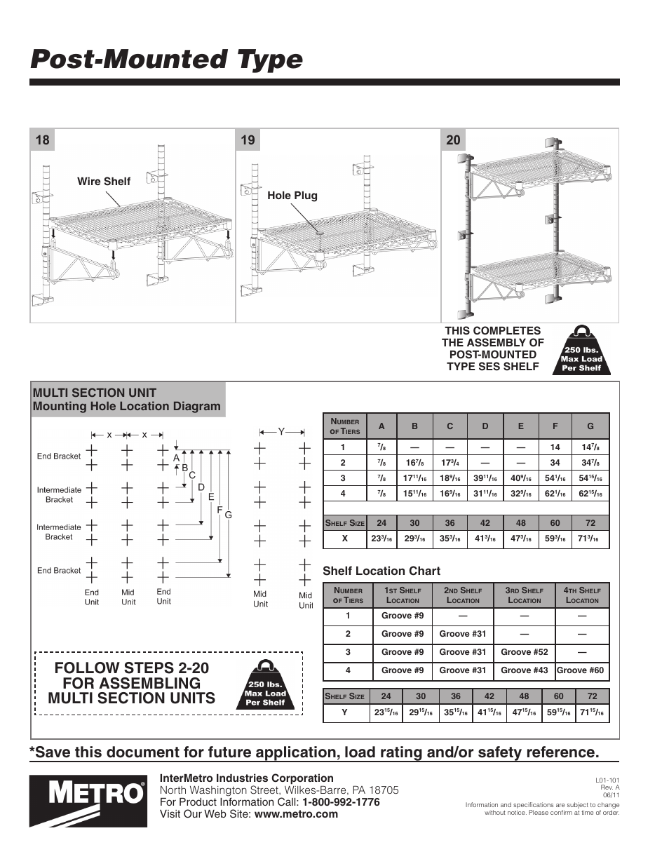Post-mounted type, Shelf location chart, Wire shelf hole plug | Metro Wall Mounts, SES, Post Type User Manual | Page 4 / 4