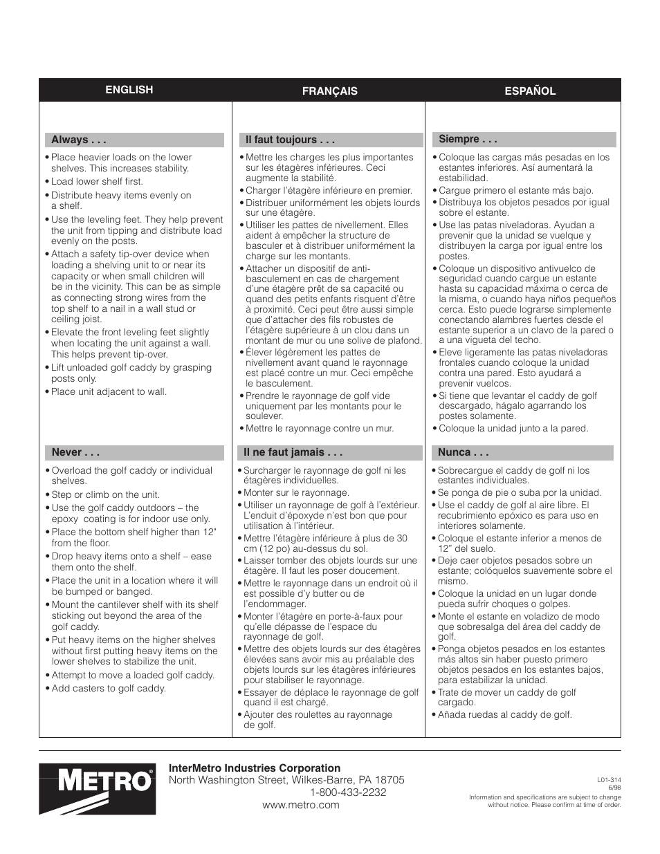 Metro Golf Equipment Caddy User Manual | Page 4 / 4