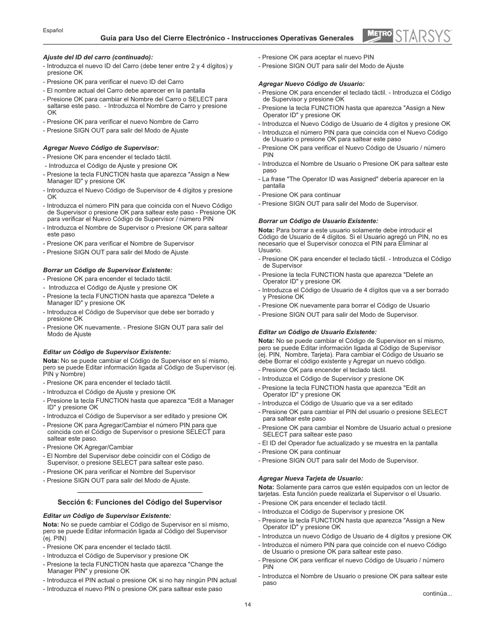 Metro Starsys LA6 Full Feature Touchpad User Manual | Page 14 / 28