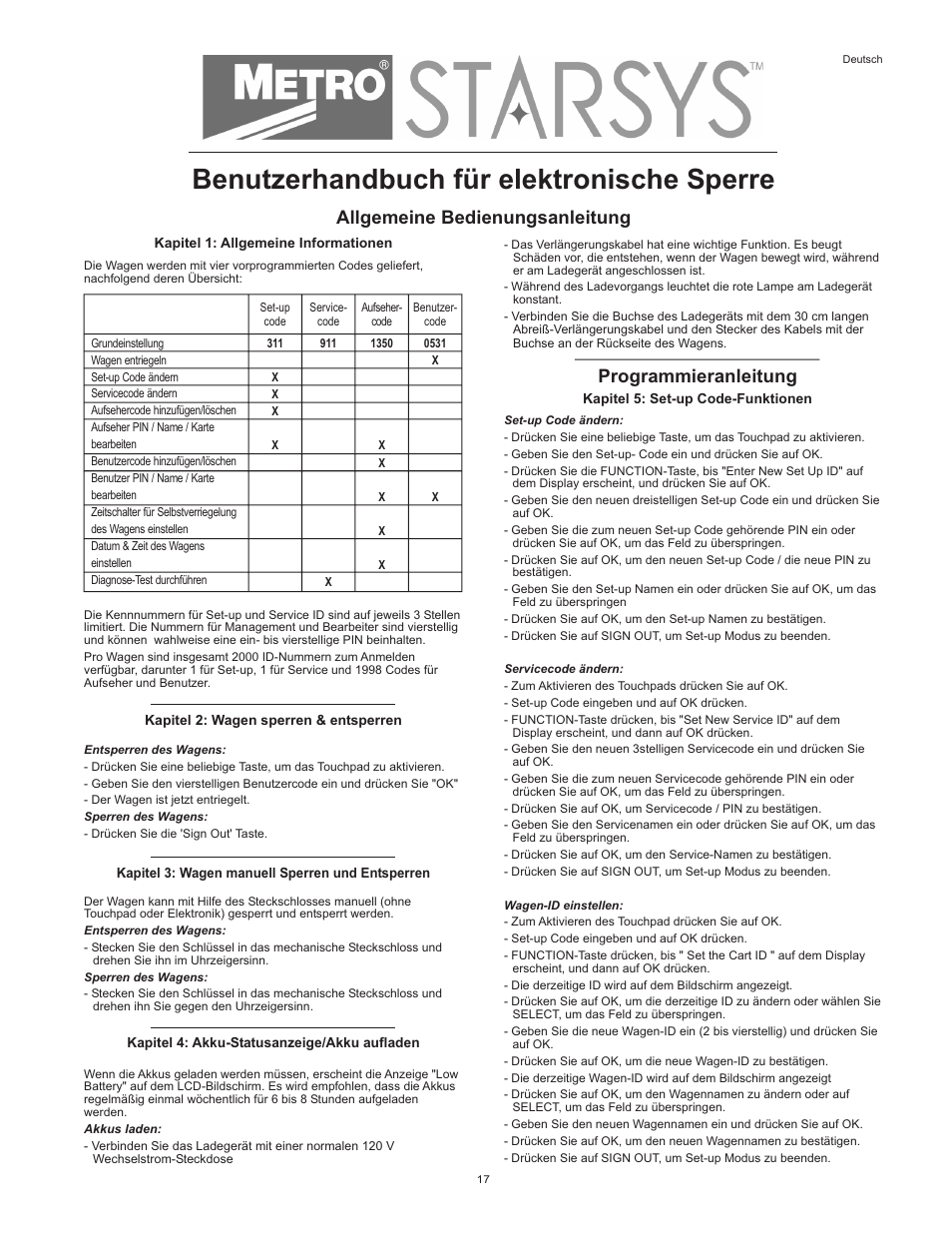 Benutzerhandbuch für elektronische sperre, Allgemeine bedienungsanleitung, Programmieranleitung | Metro Starsys LA6 Full Feature Touchpad User Manual | Page 17 / 28
