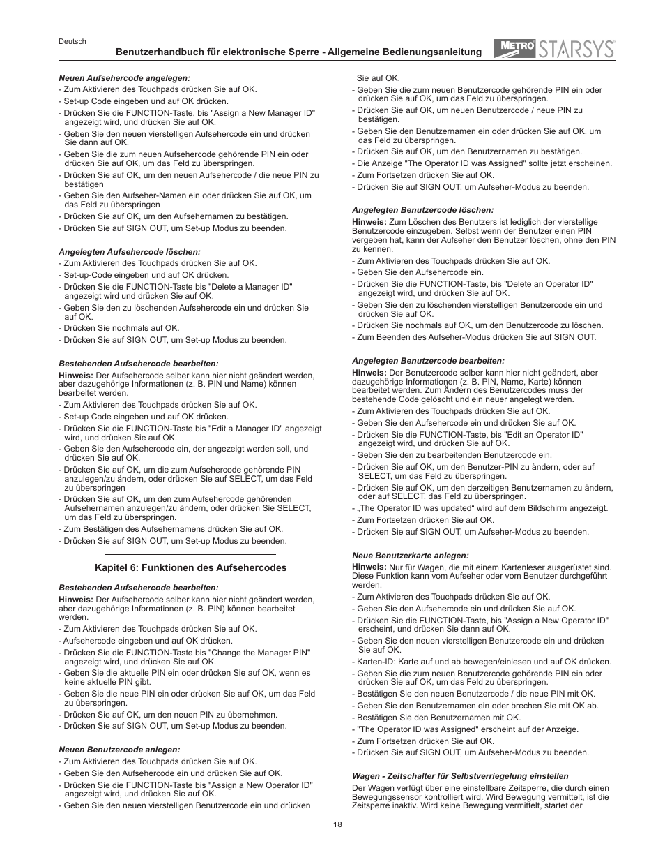 Metro Starsys LA6 Full Feature Touchpad User Manual | Page 18 / 28