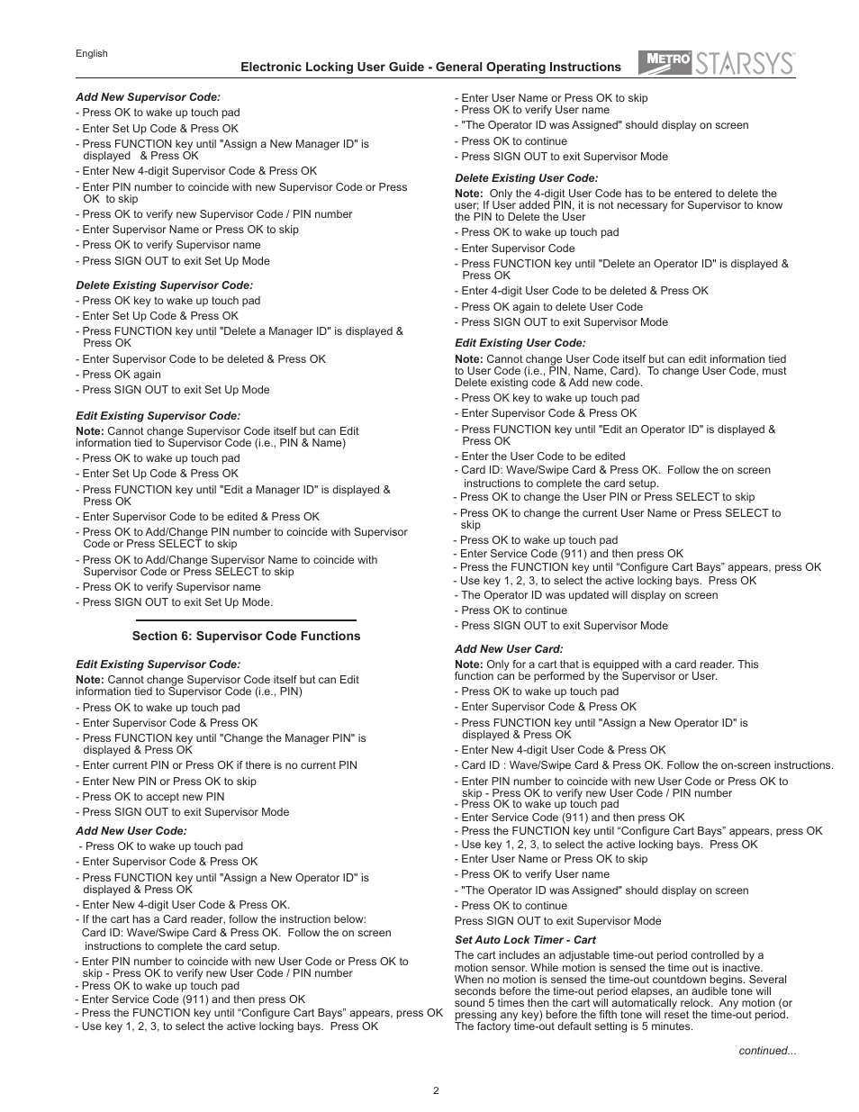 Metro Starsys LA6 Full Feature Touchpad User Manual | Page 2 / 28