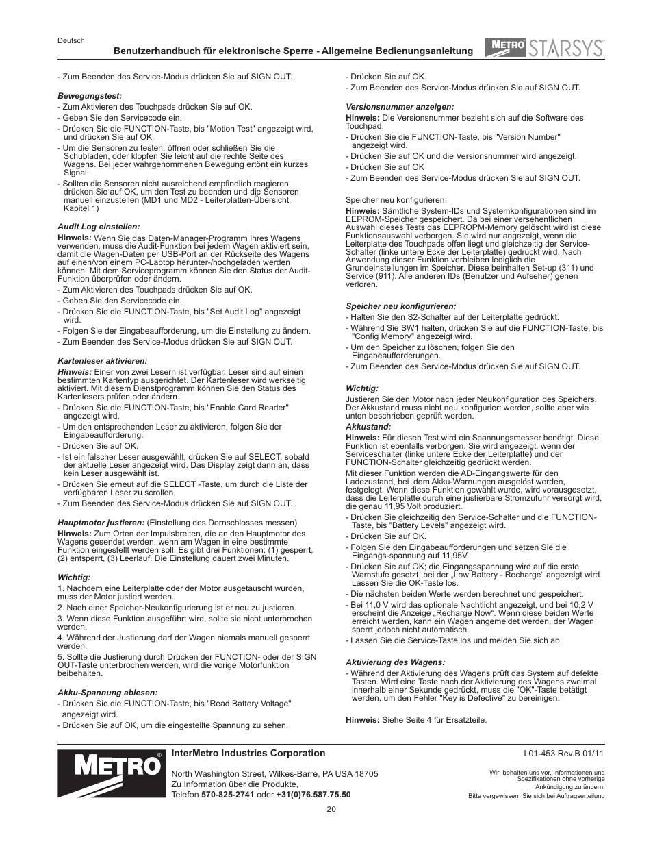 Metro Starsys LA6 Full Feature Touchpad User Manual | Page 20 / 28