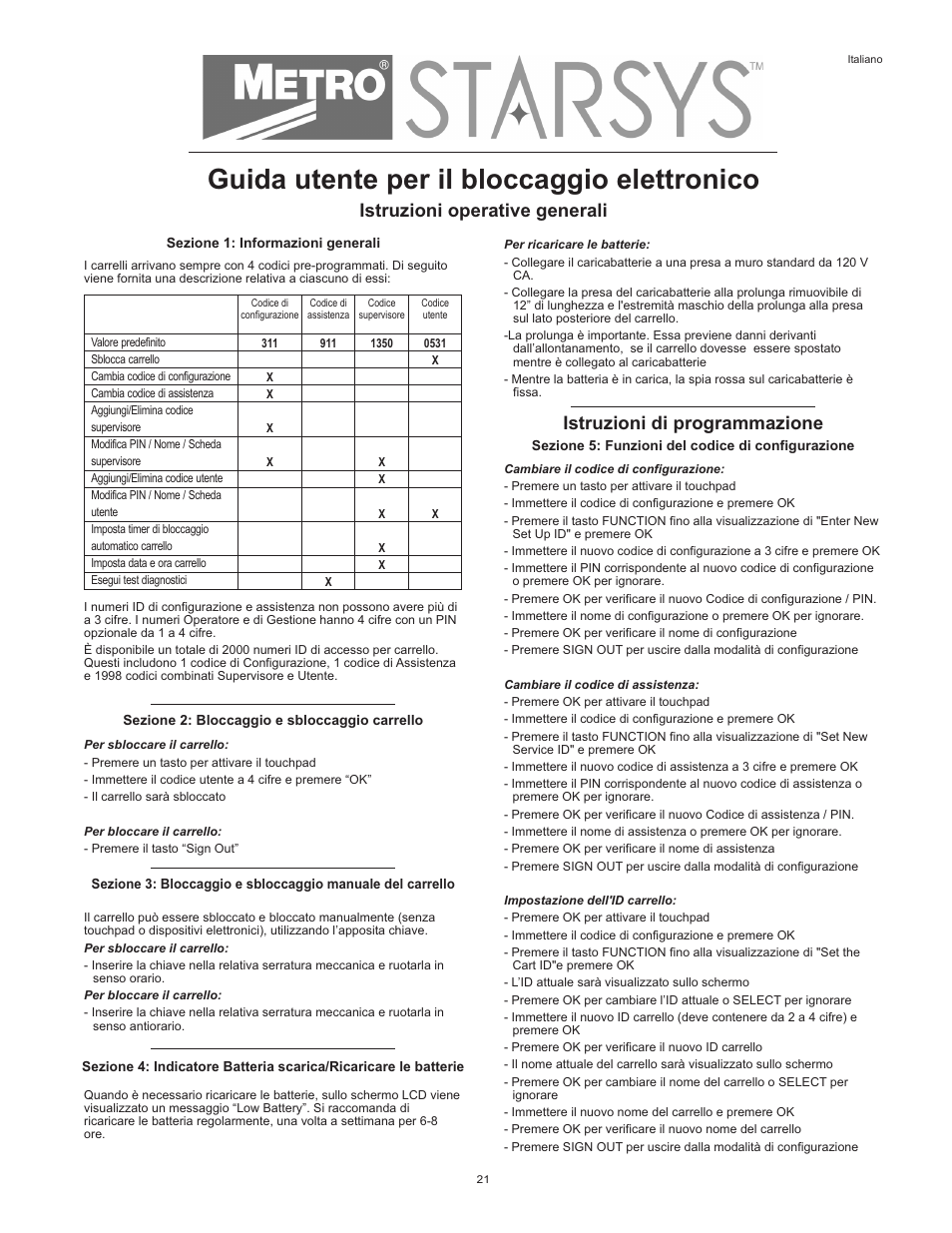 Guida utente per il bloccaggio elettronico, Istruzioni operative generali, Istruzioni di programmazione | Metro Starsys LA6 Full Feature Touchpad User Manual | Page 21 / 28