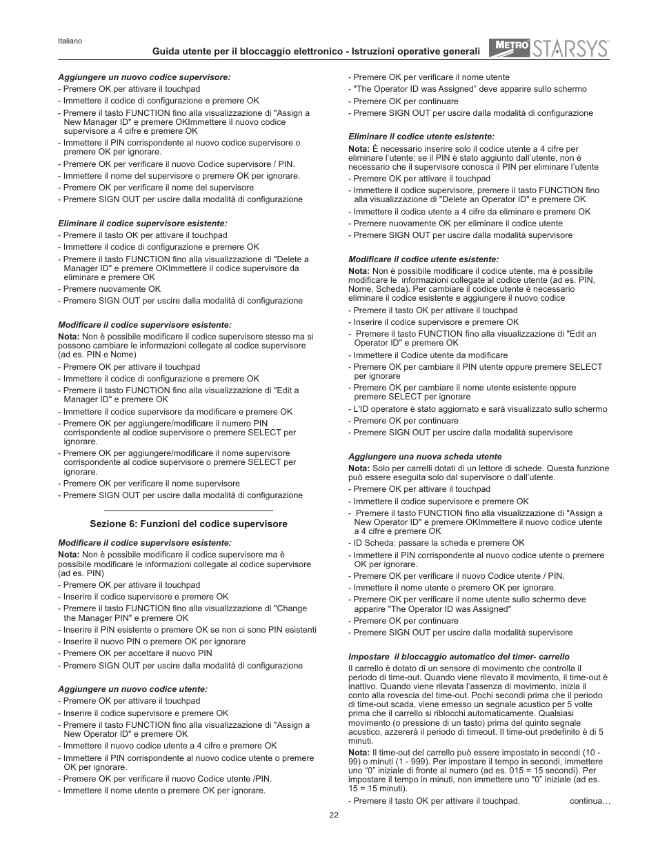 Metro Starsys LA6 Full Feature Touchpad User Manual | Page 22 / 28
