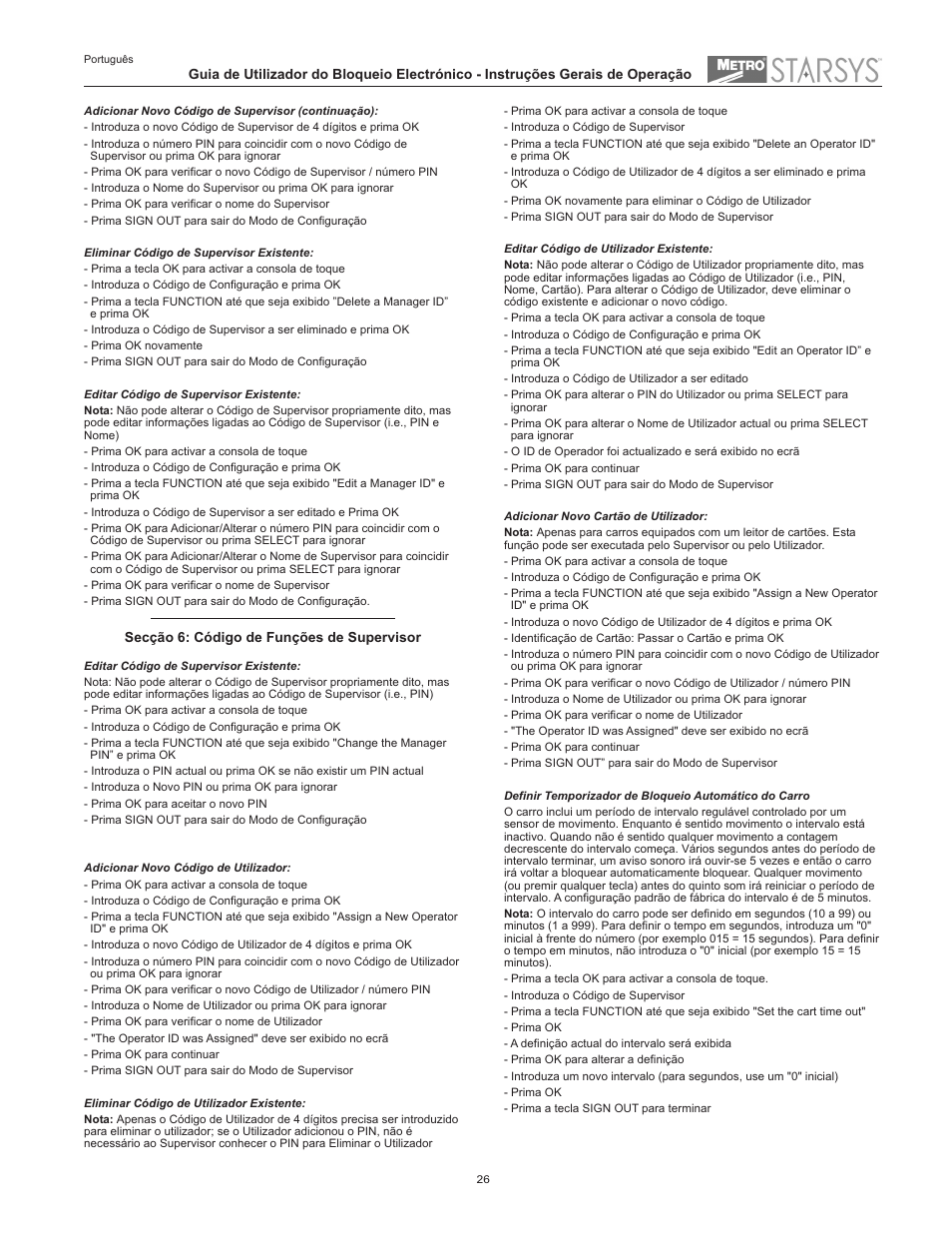 Metro Starsys LA6 Full Feature Touchpad User Manual | Page 26 / 28